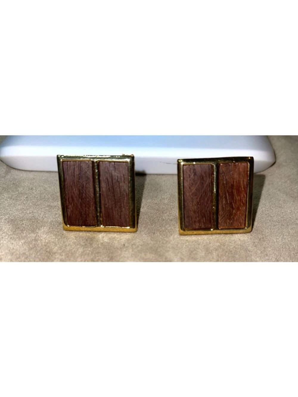 Vintage 60s Celebrity NY Wood Cufflinks Mid Century Modern Gold Tone Square Mens